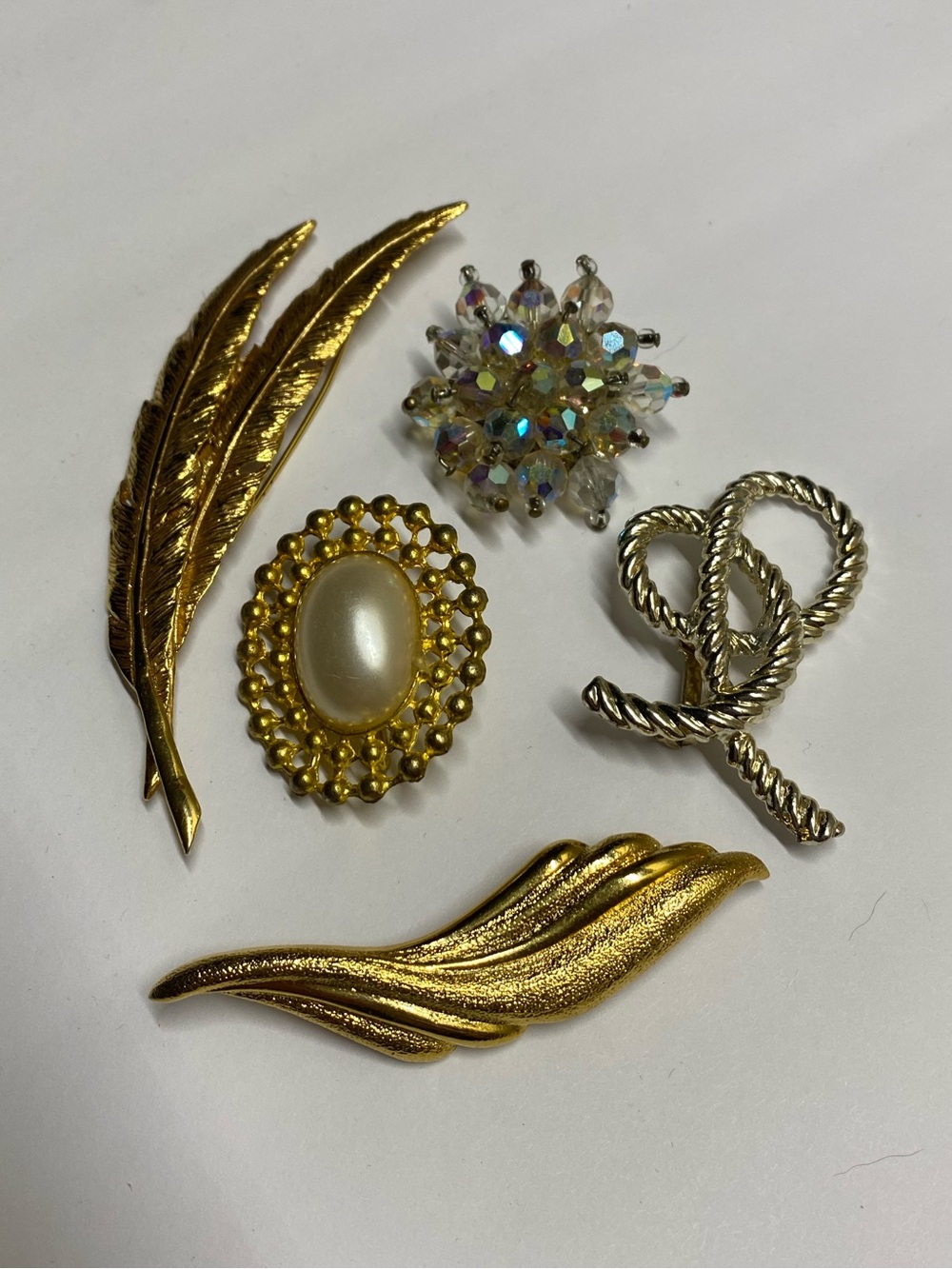 ^Vintage mid century brooch lot 5 faux pearl aurora borealis crystal textured le